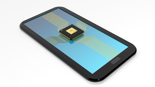 SmartphoneTablet with CPU chip on screen isolated on white background