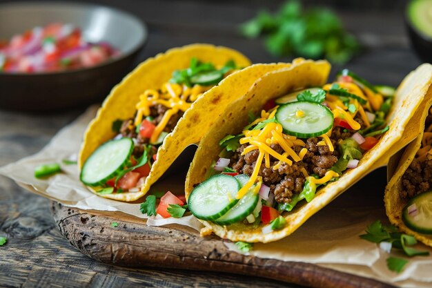 Smash burger tacos with ground beef on tortilla with pickles and cheese top and vertical view