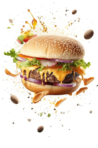 Smash Spill Cheeseburger Bun met groenten die van boven op witte achtergrond vallen Cartoon