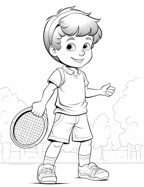 Photo smashing serve coloring page of a skilled kid tennis player in action