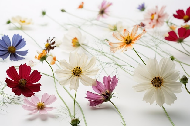 白い背景に散在するさまざまな色合いの花の散在