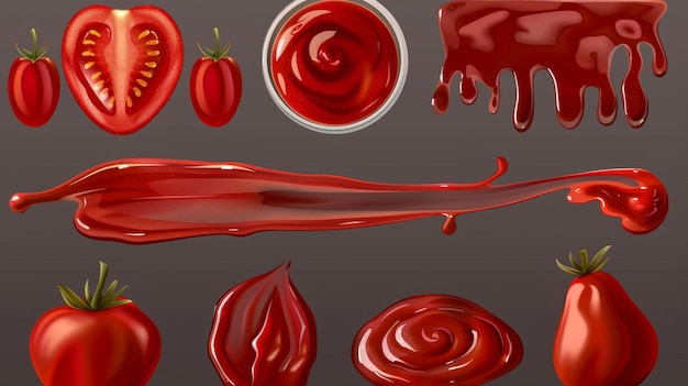 Foto spruzzo di salsa di pomodoro rossa e ketchup colorato su uno sfondo trasparente tessuta di sciroppo di marmellata di fragola salsa barbecue o catsup gocce su uno sfondio trasparente