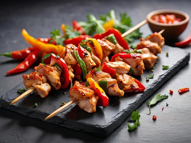 Smell of Appetite Chicken skewers with peppers against a clean background