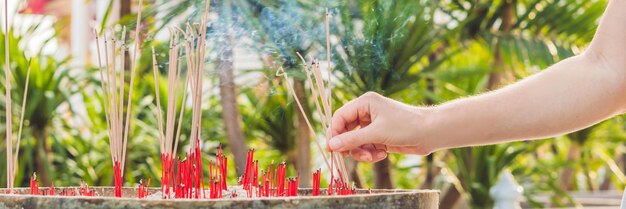 Smell the smoke of incense the smoke of joss stick in temple smoke of incense in the spirit shrine