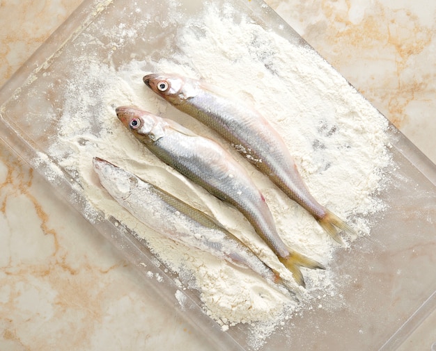 Smelt dusted fish in flour