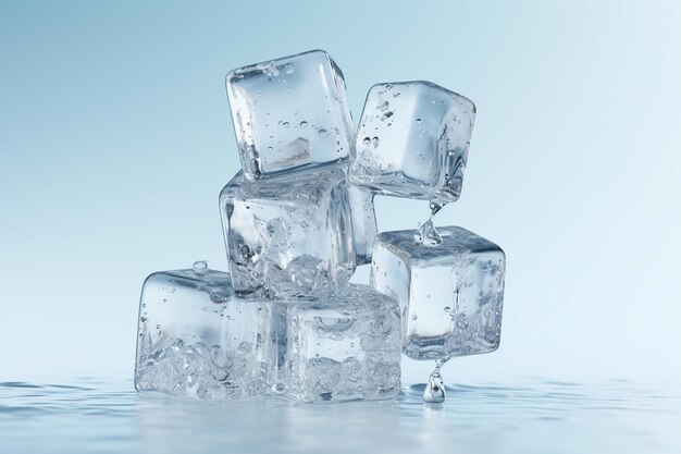 Foto smeltende ijsblokjes op een grijze achtergrond smeltende ijsblokjes ijsblokjes close-up kristalhelder ijsblokje