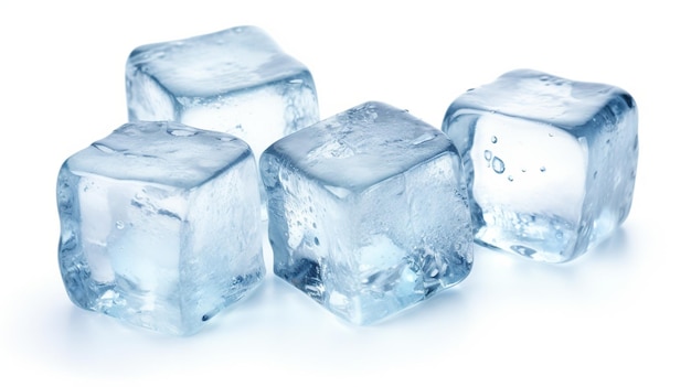 Smeltende ijsblokjes op een witte achtergrond Zoet water Koele koude drank
