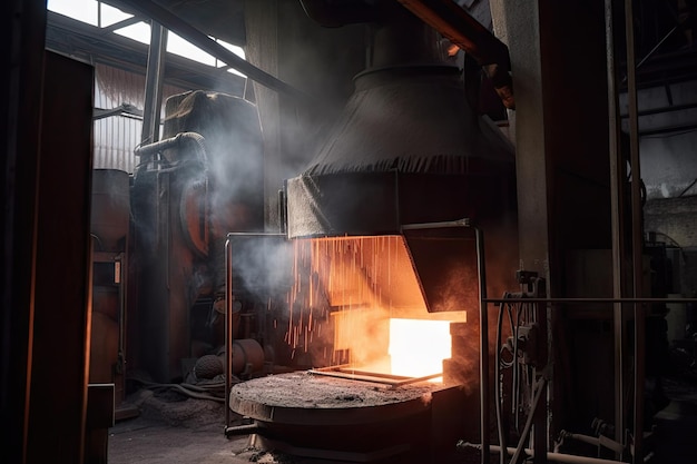 Фото Плавильная печь с пламенем и дымом, обеспечивающая тепло для процесса извлечения металла