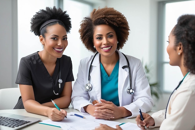 笑顔の黒人女性や医師は健康のフィードバックやサポートのために病院での会合で患者に相談しています成熟した人と話したり検査結果やアドバイスについて話したりする幸せな医師や看護師です
