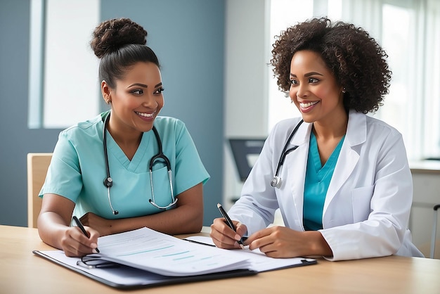 Smile black woman or doctor consulting a patient in meeting in hospital for healthcare feedback or support Happy medical or nurse with a mature person talking or speaking of test results or advice