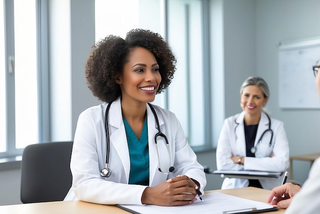 写真 笑顔の黒人女性や医師は健康のフィードバックやサポートのために病院での会合で患者に相談しています成熟した人と話したり検査結果やアドバイスについて話したりする幸せな医師や看護師です