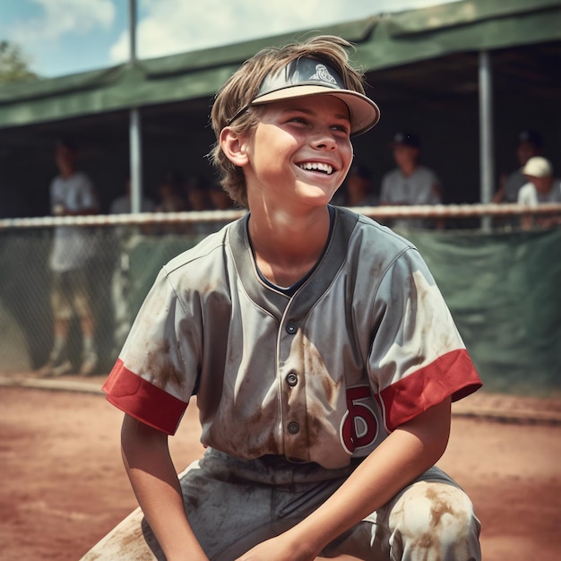 smile boy softball player in yard