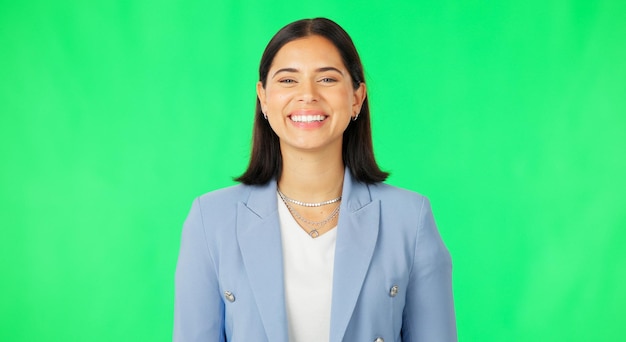 Smile business woman and face on green screen studio and color background for confidence happiness and pride Portrait of happy young model female employee and empowerment of professional worker