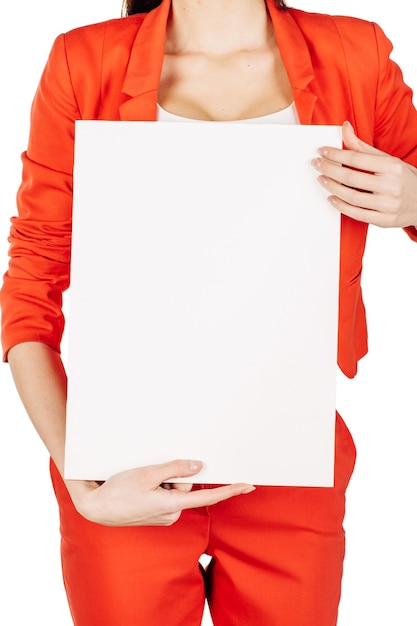 Smile business woman wearing in red suit and holding a white board with empty copy space image on a white studio background