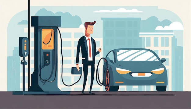 Smile businessman charging his electric vehicle modern city with power cable outlet public charging station position AI Generative