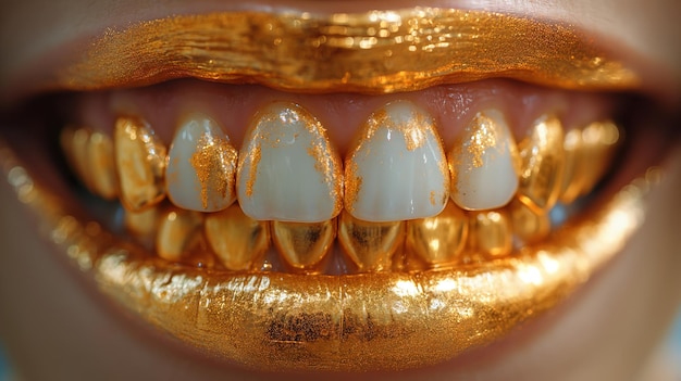 Foto sorriso primo piano di denti d'oro e labbra ia generativa