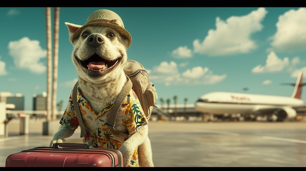 a smile dog wearing a tourist shirt and hat carrying a large suitcase airport Generative Ai