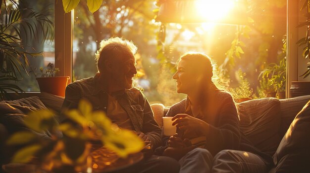 写真 笑顔の年配の父親はソファで大人の娘と話し一緒にコーヒーを飲み窓から朝の太陽の光を眺めています