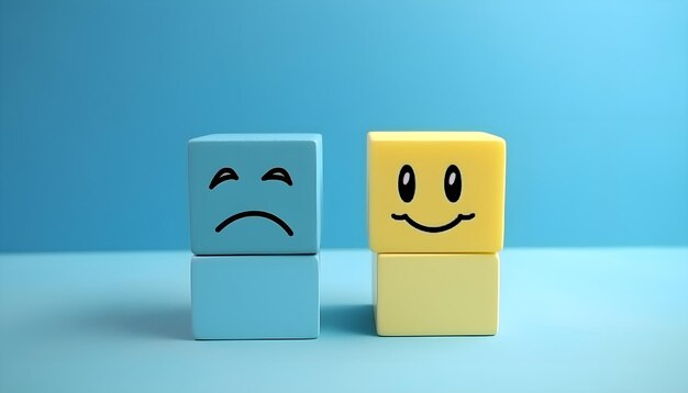 Фото Улыбающееся лицо и грустное лицо на деревянных кубиках для выбора концепции позитивного мышления