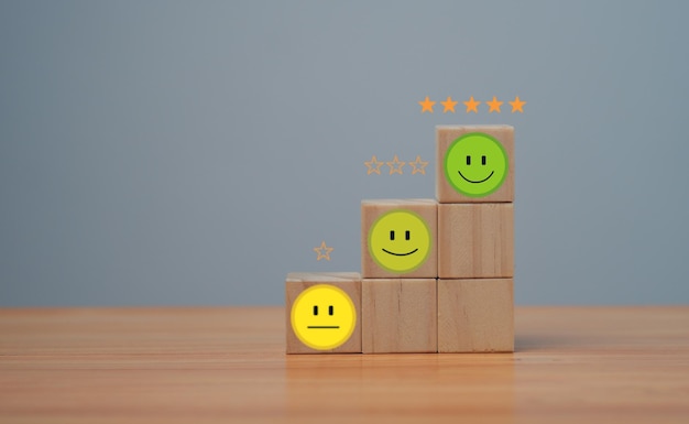 Smile face in bright side and sad face in dark side on wooden block cube for positive mindset selection Customer experience survey and satisfaction feedback concept