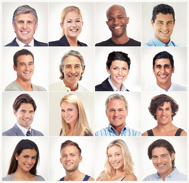 Photo smile face collage or portrait of happy people in community group or country with diversity headshot of different race profile picture or global mosaic of men or women isolated on white background