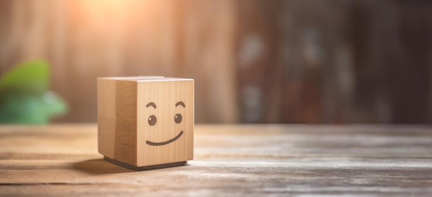Значок улыбающегося лица на деревянном кубе для оценки уровня удовлетворенности клиентов и концепции опроса удовлетворенности клиентов