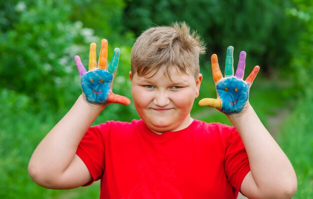 Sorriso sulle mani di un bambino che disegna.