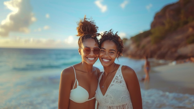 Smile love lesbian black couple women bonding at beach or sea in summer