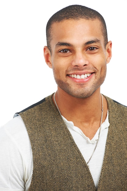 A smile to make you smile Closeup of a happy handsome young man smiling isolated on white copyspace