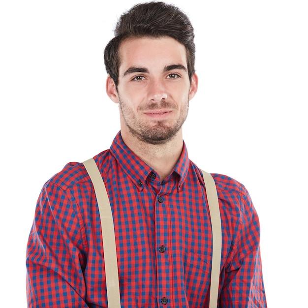 Smile man and portrait of a nerd or geek with white background isolated and happy Smiling smart and nerdy style clothes of a man standing with happiness of a model feeling positive in plaid