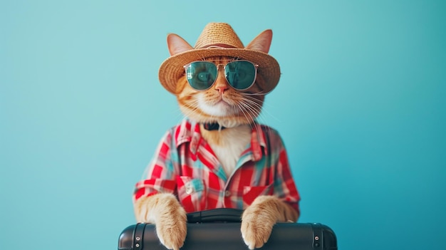 a smile red scottish cat wearing a sunglasses andtourist shirt and hata large Generative Ai