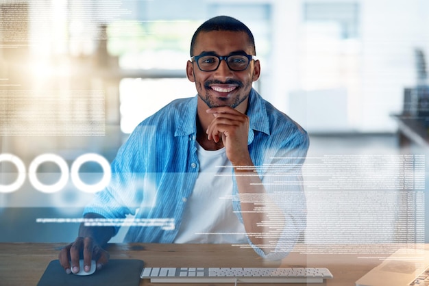 smile screen and portrait of a man with software for coding website development and programming work happy and a professional programmer working on analytics code algorithm and research
