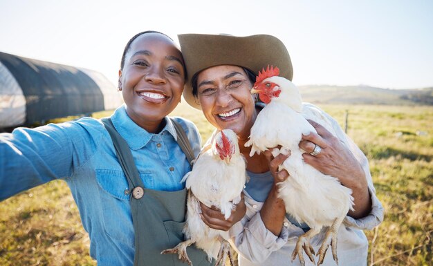 Photo smile selfie or farmers on a chicken farm in countryside on field harvesting livestock in small business social media happy or portrait of women with animal birds to take photo for farming memory