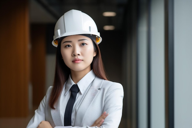 Smile woman asian business job helmet portrait industrial attractive engineer industry Generative AI