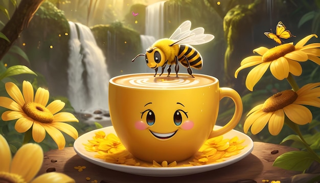 Smiley emoji koffiekop met gele bloemen en bijen