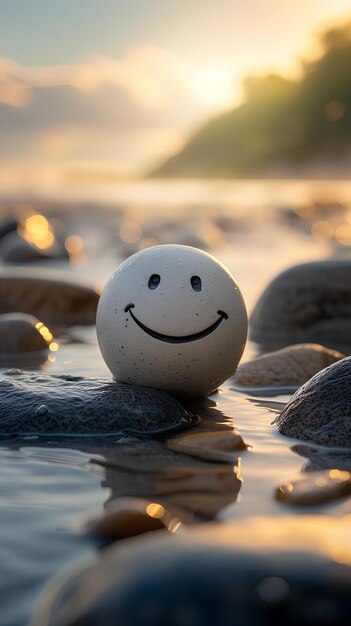 A smiley face ball floating in the water