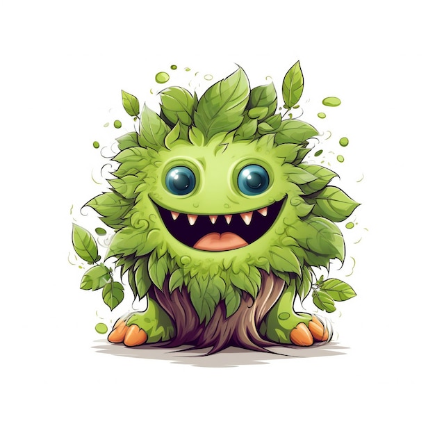 Smiley face cartoon bush monster mascot on white background