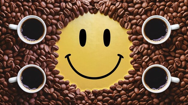 Smiley face of coffee cups and beans