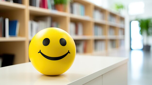 Smiley face on the desk in the office with bookshelves in the background