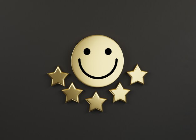 Smiley face on golden circle with five gold stars on black\
background for the best client or customer evaluation after use\
product and service concept by 3d render.