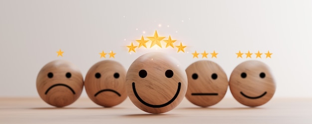 Smiley face print screen on wooden sphere with golden five stars on table for excellent rating of customer evaluation by 3d render.