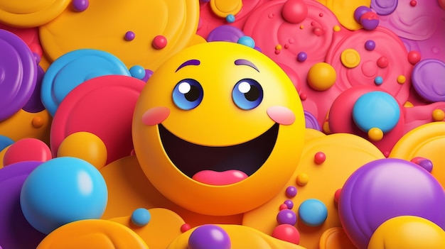 a smiley face surrounded by colorful bubbles on a pink background