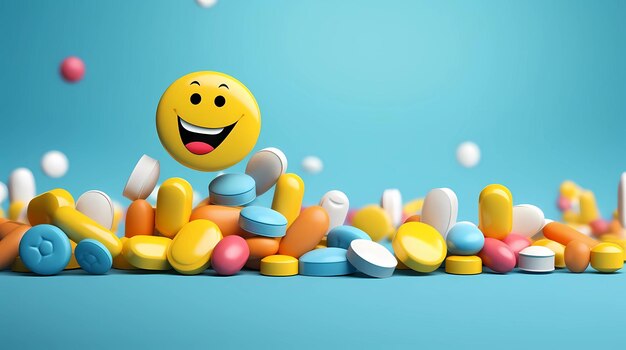 Smiley face surrounded by colorful pills on blue background Generative AI illustrations