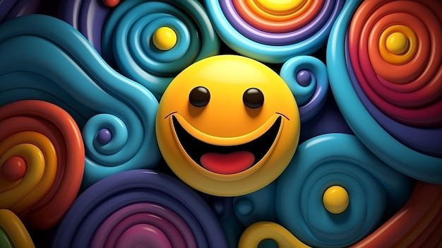 a smiley face surrounded by colorful swirls