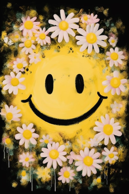 A smiley face surrounded by flowers is surrounded by pink and white flowers.