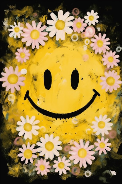 A smiley face surrounded by flowers is surrounded by pink and yellow flowers.