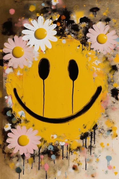 A smiley face with flowers on it is painted with a black and pink paint