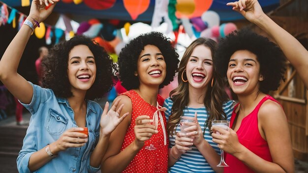 写真 smiley friends having fun at carnival party