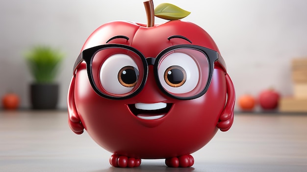 Foto personaggio animato di mela divertente sorridente con occhiali sullo sfondo dell'aereo