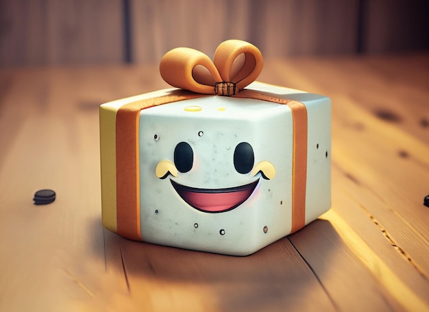 사진 나무 테이블에 웃는 선물 상자 세계 미소의 날